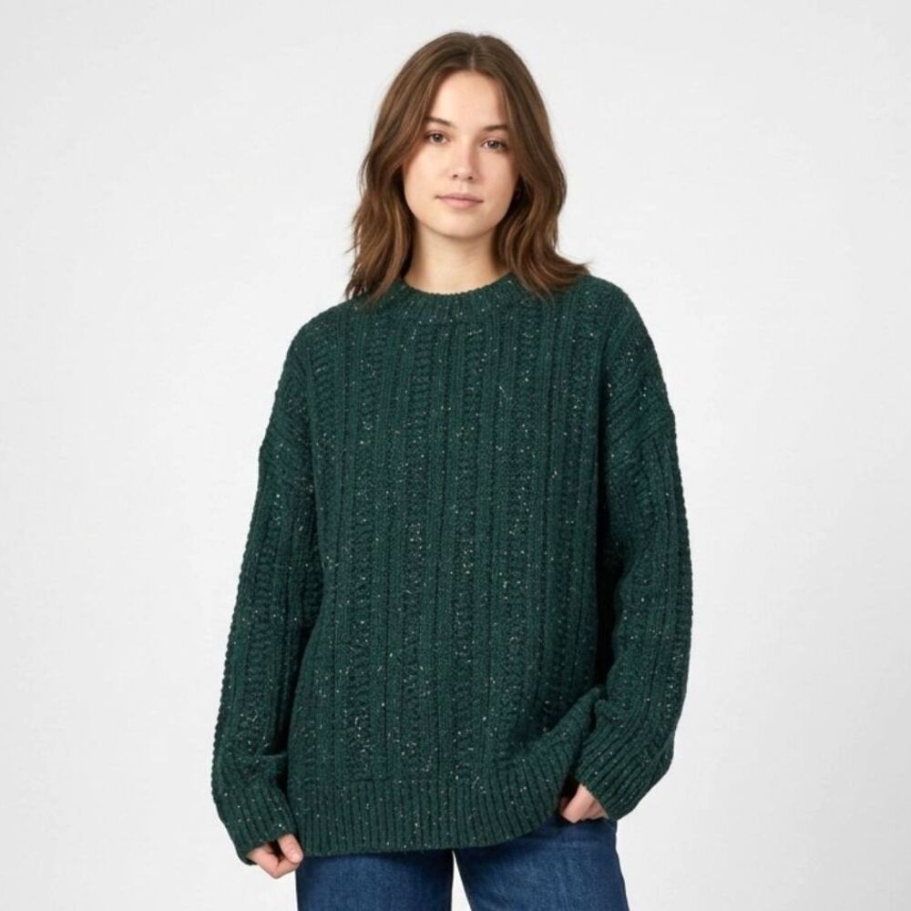 Natural Reflections Chunky Knit Sweater L Green Flecked Crewneck Pullover Cozy